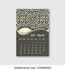 Calendar march 2017 start sunday with hand drawn mandala pattern. Vintage oriental style with grunge effect. Vector illustration