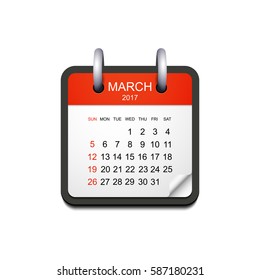 Calendar for March 2017, vector illustration, isolated on white