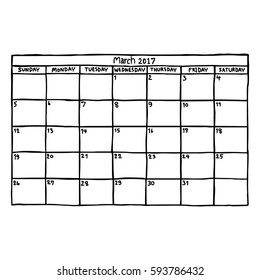 calendar March 2017 - vector illustration sketch hand drawn with black lines, isolated on white background