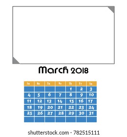 Calendar for March 2018 with top blank page for an image