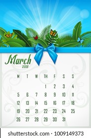 Calendar March 2018 with tropical concept. Vector Illustration