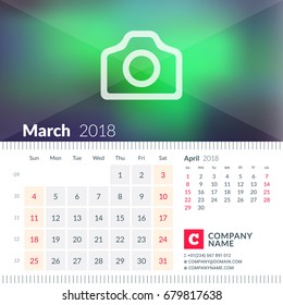 Calendar for March 2018. Week starts on Sunday. 2 months on page. Vector design template with place for photo.