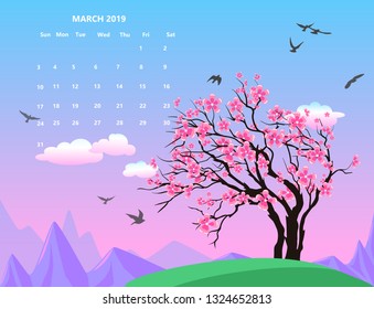 Calendar for March 2019, vector illustration with a cherry tree