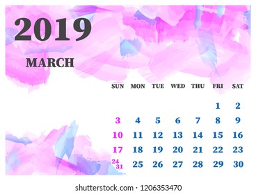 Calendar March 2019 watercolor vector illustration. Layers grouped for easy editing illustration. For your design