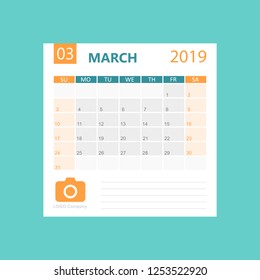 Calendar march 2019 year in simple style. Calendar planner design template. Agenda monthly march template with company logo. Business vector illustration.