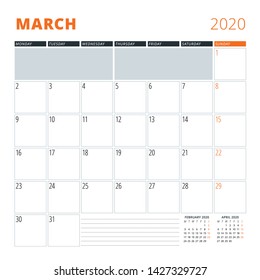 Calendar for March 2020. Stationery design template. Vector illustration