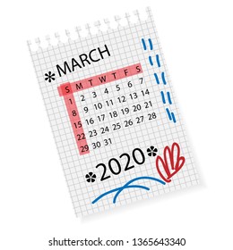 Calendar for March 2020. Vector calendar template on checkered sheet of paper. Hand drawn scribble elements. Week starts on Sunday.