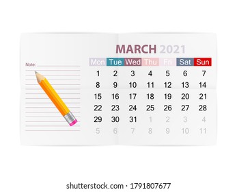 Calendar March 2021 on a white background. Vector illustration.