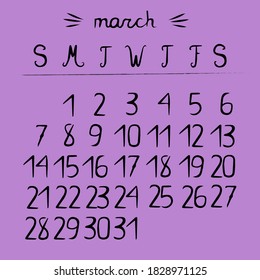 Calendar For March 2021. Template. Vector