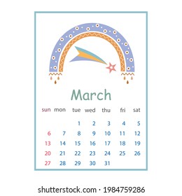 Calendar for March 2022, color vector illustration in boho style pastel colors
