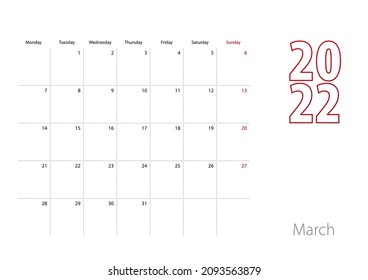 Calendar for March 2022 in modern design, planner template. Vector calendar 2022.