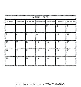 calendar March 2023 - vector illustration sketch hand drawn with black lines, isolated on white background