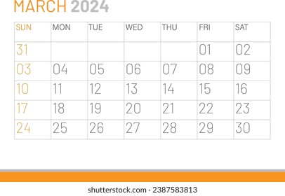 Calendar March 2024, corporate design template vector. Desk calendar 2024