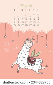 Calendar for March 2024, from monday to sunday. Cute llama with wings. Alpaca cartoon character. Funny animal. Design in scandinavian style. vector illustration