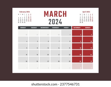 calendar for march 2024 starts monday, vector calendar design march 2023 year