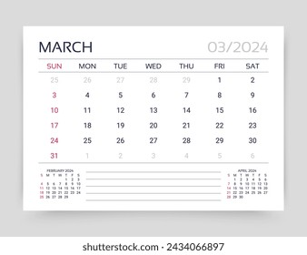 Calendar for March 2024 year. Planner calender template. Week starts Sunday. Desk corporate diary. Table schedule grid. Monthly organizer. Timetable layout. Vector simple illustration. Paper size A5