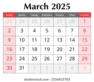 Calendar for March 2025. Design vector illustration. English page of the spring month
