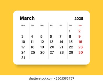 Calendar march 2025 icon in flat style. Planner vector illustration on isolated background. Calender sign business concept.