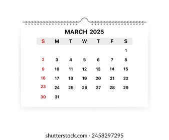 Calendario Marzo 2025 mes icono. Estilo plano. Icono Vector