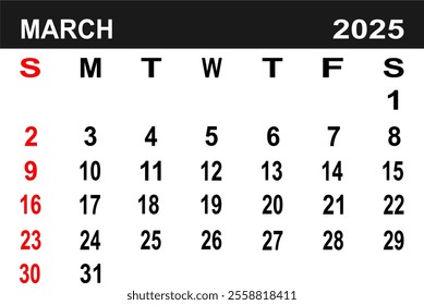 Calendar for March 2025. the week begins on Monday. flat design. removable calender for the month. vector ilustration. 