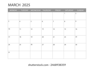 Calendar for March 2025. The week starts on Monday.