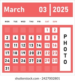Calendar for March 2025.New year idea.