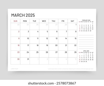 Calendar for March 2025 year. Planner calender template. Monthly organizer. Week starts Sunday. Desk corporate diary. Table schedule grid. Timetable layout. Vector simple illustration. Paper size A5