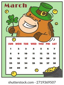 Calendario para Marzo 2026 Vector aislado. Ilustración de un caballo garabato celebrando el día de San Patricio. Organizador personal, horóscopo chino, año del caballo rojo.