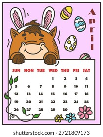 Calendario para Marzo 2026 Vector aislado. Ilustración de un divertido caballo doodle con orejas de conejo. Mes de primavera, vacaciones de Pascua. Diseño de planificador personal.