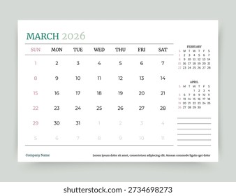 Calendar for March 2026 year. Planner calender template. Monthly organizer. Week starts Sunday. Timetable layout. Desk corporate diary. Table schedule grid. Vector simple illustration. Paper size A5