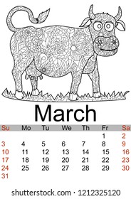 Calendar March month 2019. Antistress coloring cow, bull. Farm animal. Vector illustration