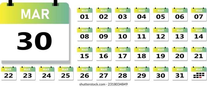 Calendar for March. Universal for any year. Calendar icon with tear-off pages. Yellow and green with gradient, white and gray colors. Vector illustration.