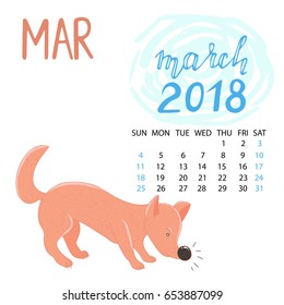 Calendar for march in year 2018. Red dog isolated on white background. 