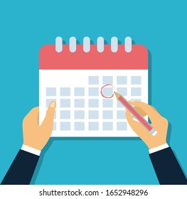 Calendar mark in flat style. Pencil in hand marks the date on the calendar.