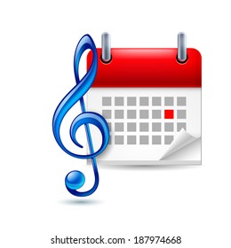 Calendar with marked dat and blue shiny treble clef as music event icon 