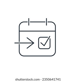 A calendar with a marked date and an arrow pointing towards it. Today. Vector linear icon isolated on white background.
