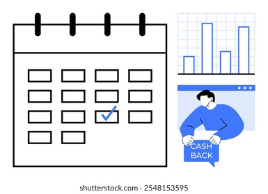 Calendar with a marked date, a bar chart showing growth, and a person holding a cash back sign. Ideal for scheduling, financial planning, growth tracking, time management, and budgeting. Simple