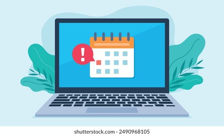 Calendar with a marked date on laptop screen. A red bubble with an exclamation point appears next to the date. Flat design vector.