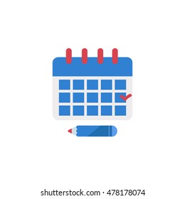 Calendar with a marked date with pencil. Vector illustration in flat style.