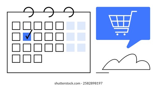 Calendar with marked date, shopping cart icon in blue speech bubble, cloud. Ideal for e-commerce, promotions, sales planning, marketing, digital events, scheduling, holidays. Line metaphor