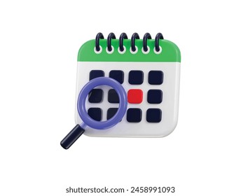 Kalender mit Datum und Uhrzeit für Erinnerungskalender mit Lupe für Programmplansymbol 3D-Render