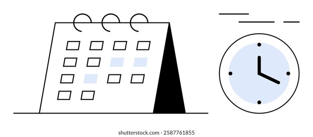 Calendar with marked dates beside a clock indicating scheduled times and efficiency. Ideal for productivity tools, time tracking, scheduling apps, event planning, office tools, educational materials