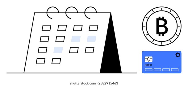 Calendar with marked dates, cryptocurrency Bitcoin symbol, and a credit card highlight financial planning. Ideal for finance management, cryptocurrency investments, budget tracking, payment