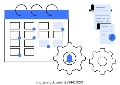 Calendar with marked dates on left, task list on right, two gear icons with bell symbol. Ideal for workflow optimization, scheduling, task management, reminders, productivity, organization