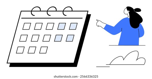 A calendar with marked dates and a person pointing at it. Ideal for scheduling, planning, time management, event organization, productivity. Cartoon style with minimalistic colours