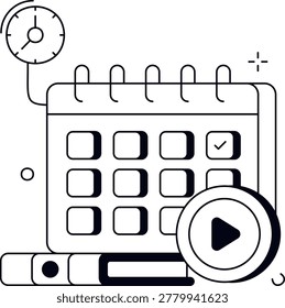 A calendar with marked dates sits behind a play button and clock near books. This graphic represents online course scheduling and effective time management for students.