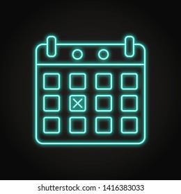 Calendar with marked day icon in neon line style. Organizer symbol. Vector illustration.