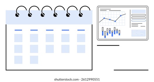 Calendar with marked days next to a data analytics chart with graphs. Ideal for project management, scheduling, data analysis, business planning, productivity tracking, performance assessment. Line