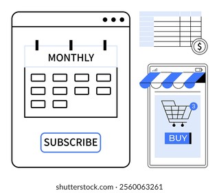 Calendar marked as monthly, subscribe button, smartphone with online store showing a shopping cart and buy button, and dollar sign with graphs. Ideal for e-commerce, online services, management
