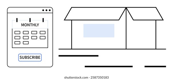 Calendar marked with Monthly, subscribe button beneath, alongside a delivery box. Ideal for e-commerce, online shopping, subscription services, delivery, retail, monthly plans, or promotions. Banner